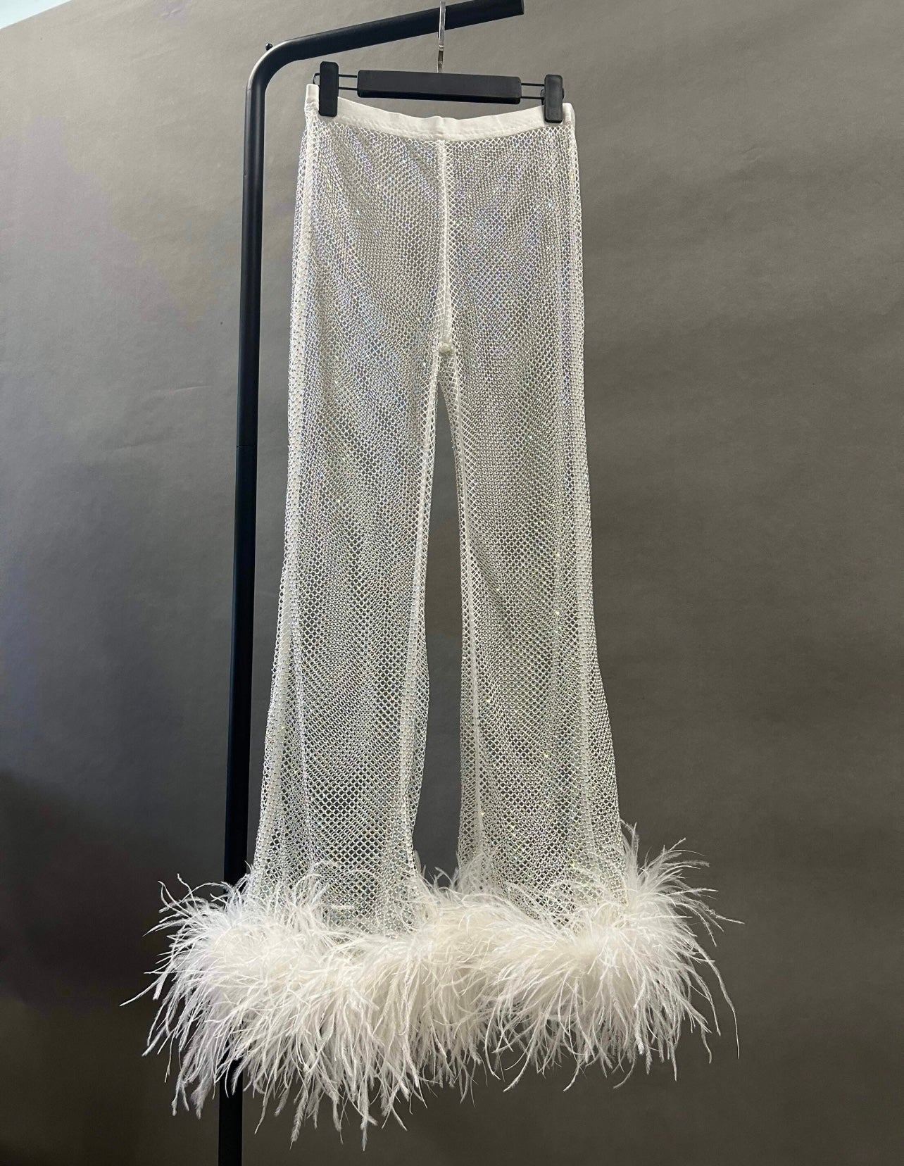 Lita Rhinestone Mesh Feather Trim Crop Top and Pant Set