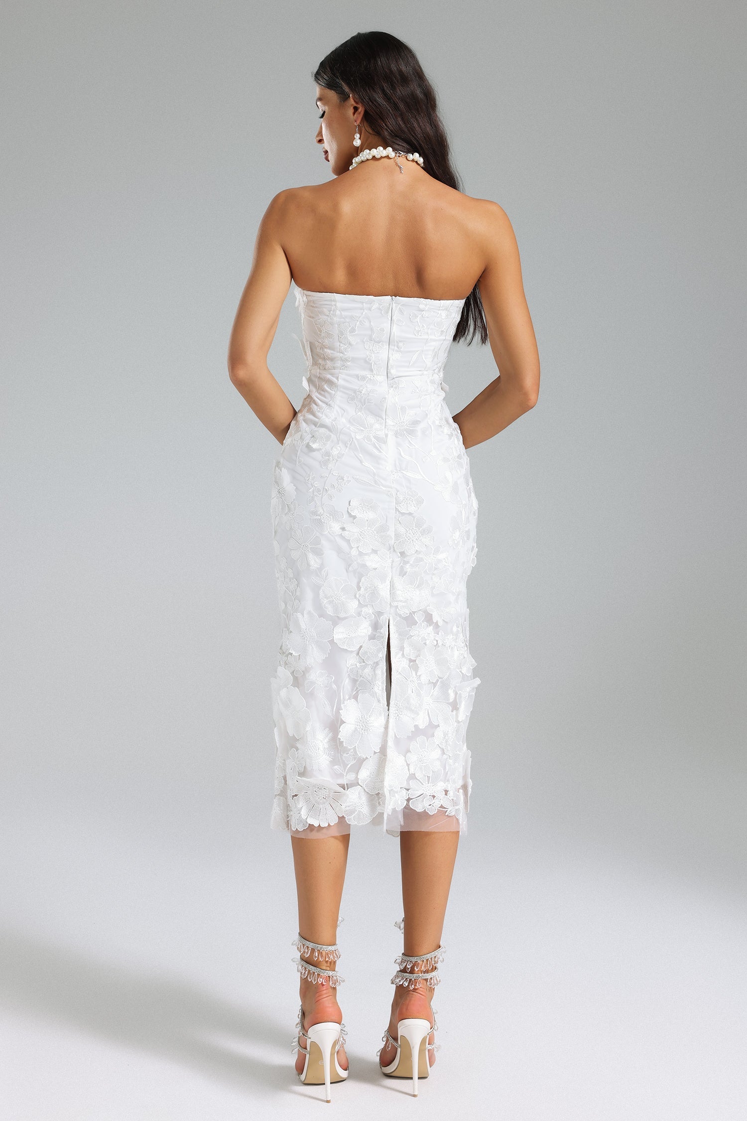 Janina White Strapless 3D Flower Midi Dress
