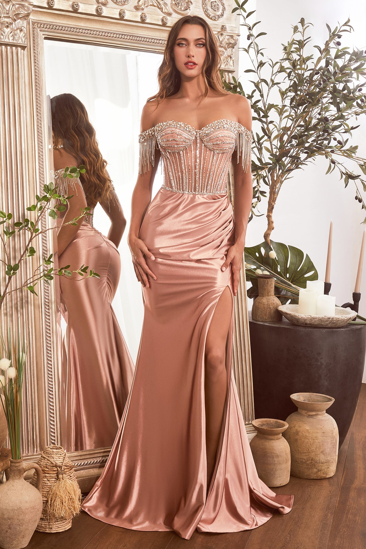 Davinia Rhinestone Corset High Slit Satin Gown