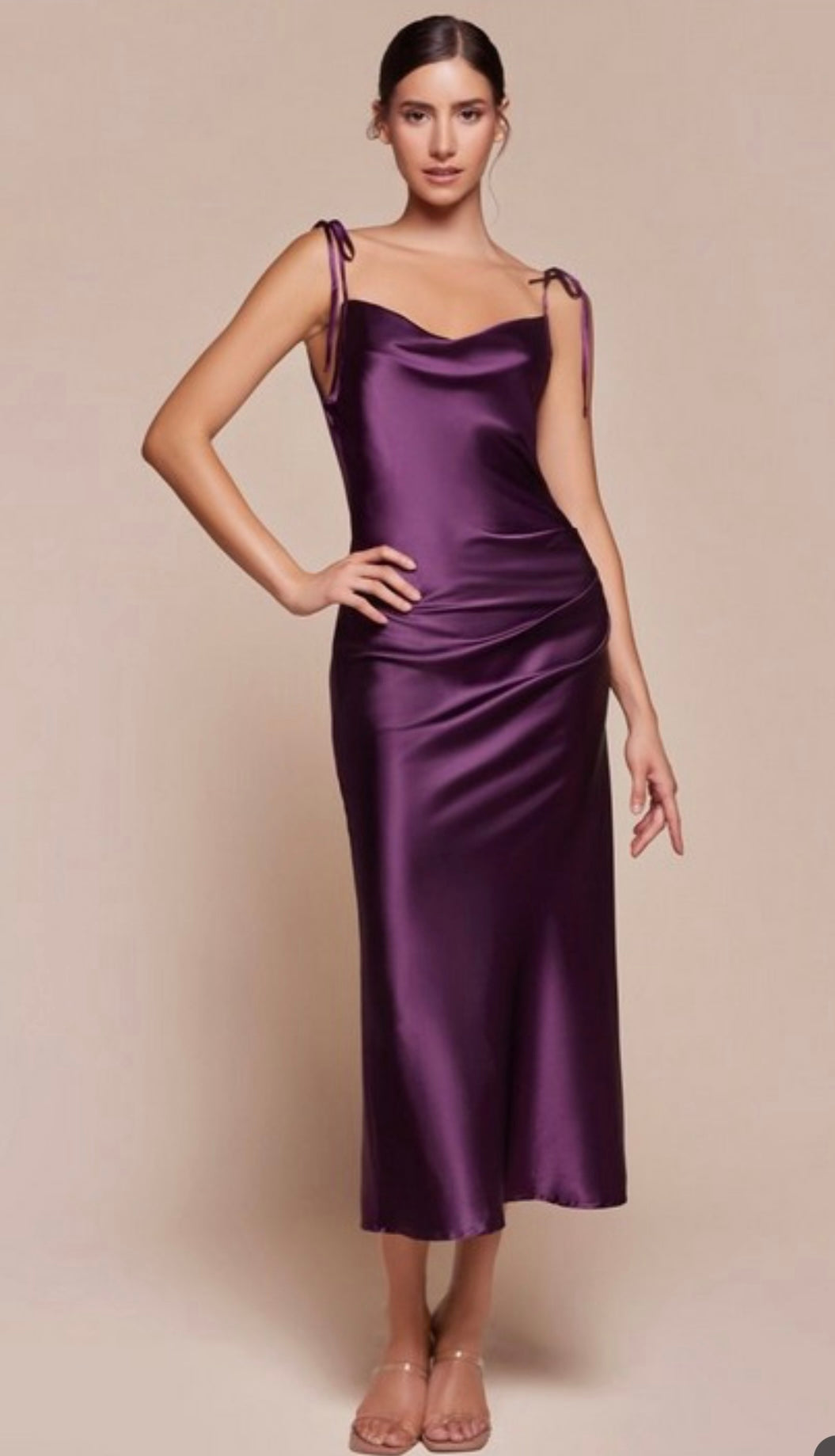 Carolina Shoulder Strap Tie Satin Midi Dress
