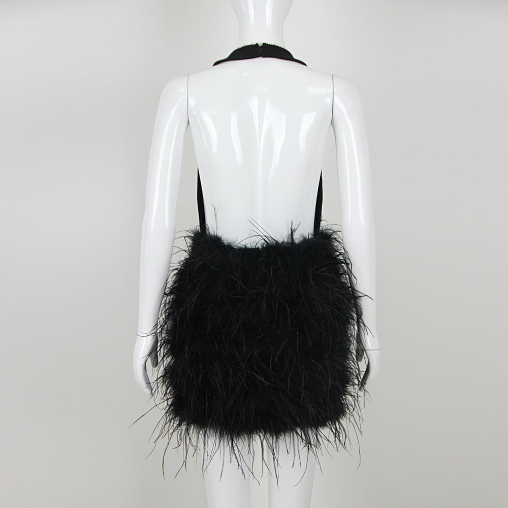 Morgan Plunging Rhinestone Trim Neck Ostrich Feather Mini Dress