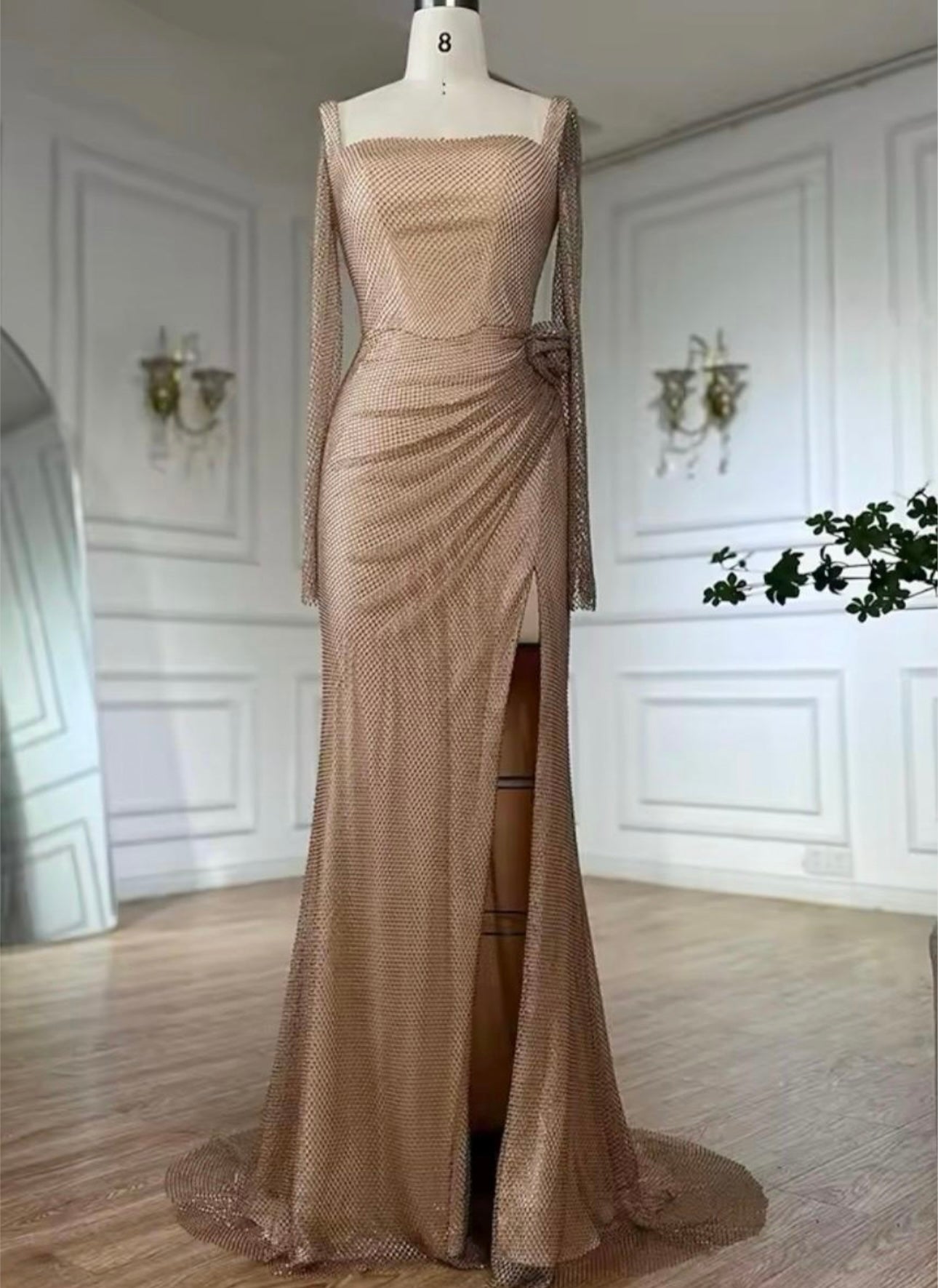 Maia Gold Long Sleeve Diamanté Hip Rose Detail High Slit Gown
