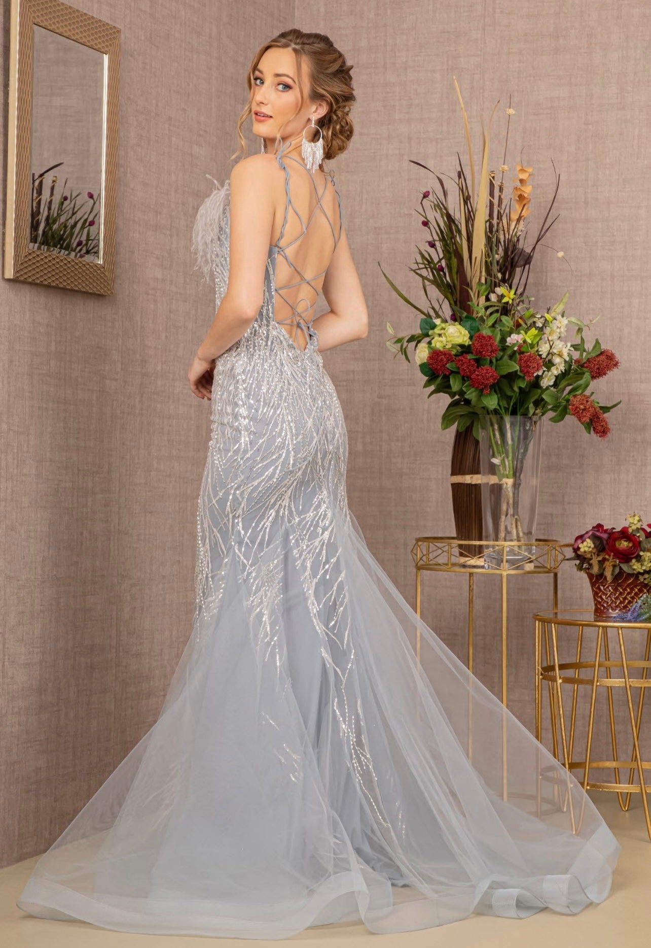 Simone Sequin and Feather Embellished Backless Tulle Trumpet Gown