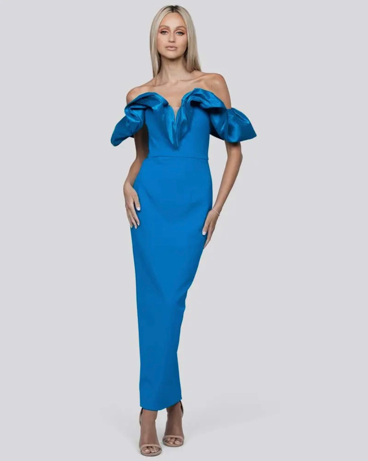 Chandra Off Shoulder V Neck Ruffle Detail Maxi Dress