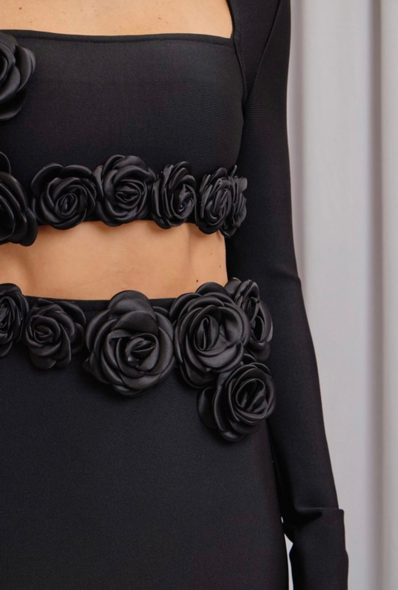 Valaria 3D Rosette Appliqué Long Sleeve Crop Top and Maxi Skirt Set
