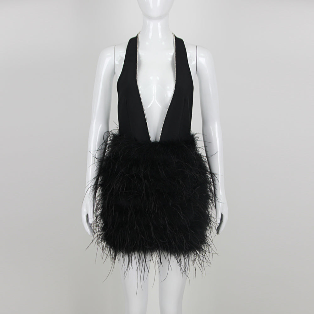 Morgan Plunging Rhinestone Trim Neck Ostrich Feather Mini Dress