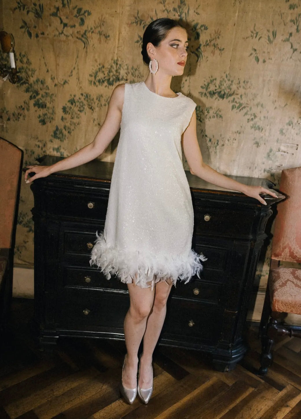 Via Sleeveless Glitter Mini Dress with Feather Trim M / White Via Sleeveless Glitter Mini Dress with Feather Trim M / White
