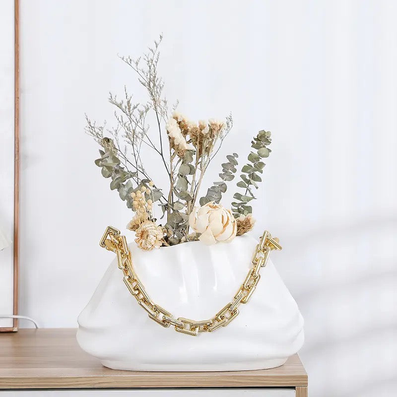 White Purse Gold Chain Resin Vase