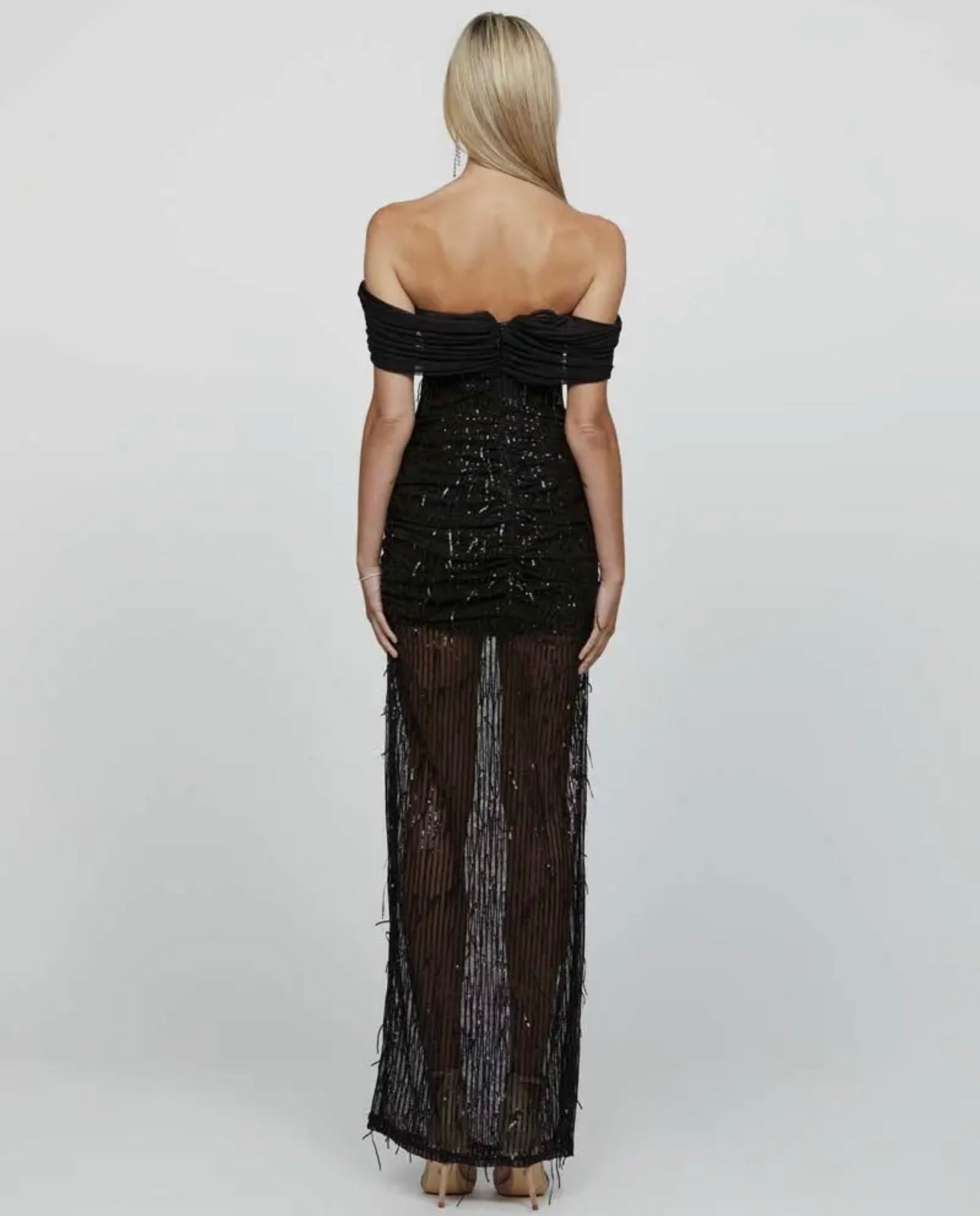 Krys Off Shoulder Sequin Fringe Maxi Dress