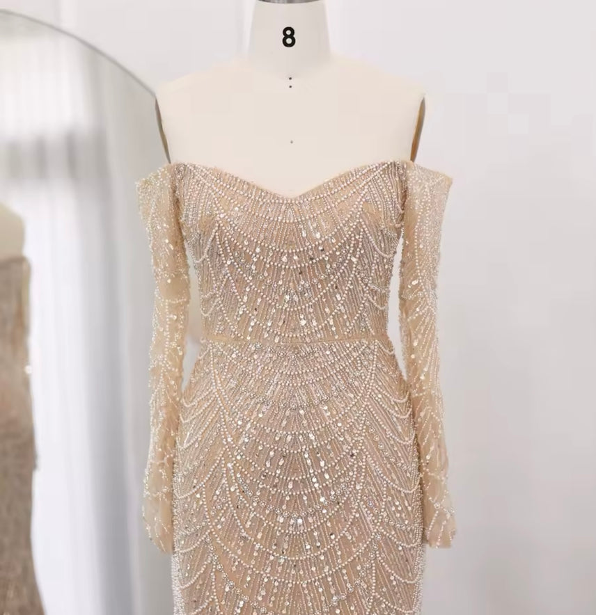Erina Long Sleeve Off Shoulder Pearl and Bead Embellished Gown