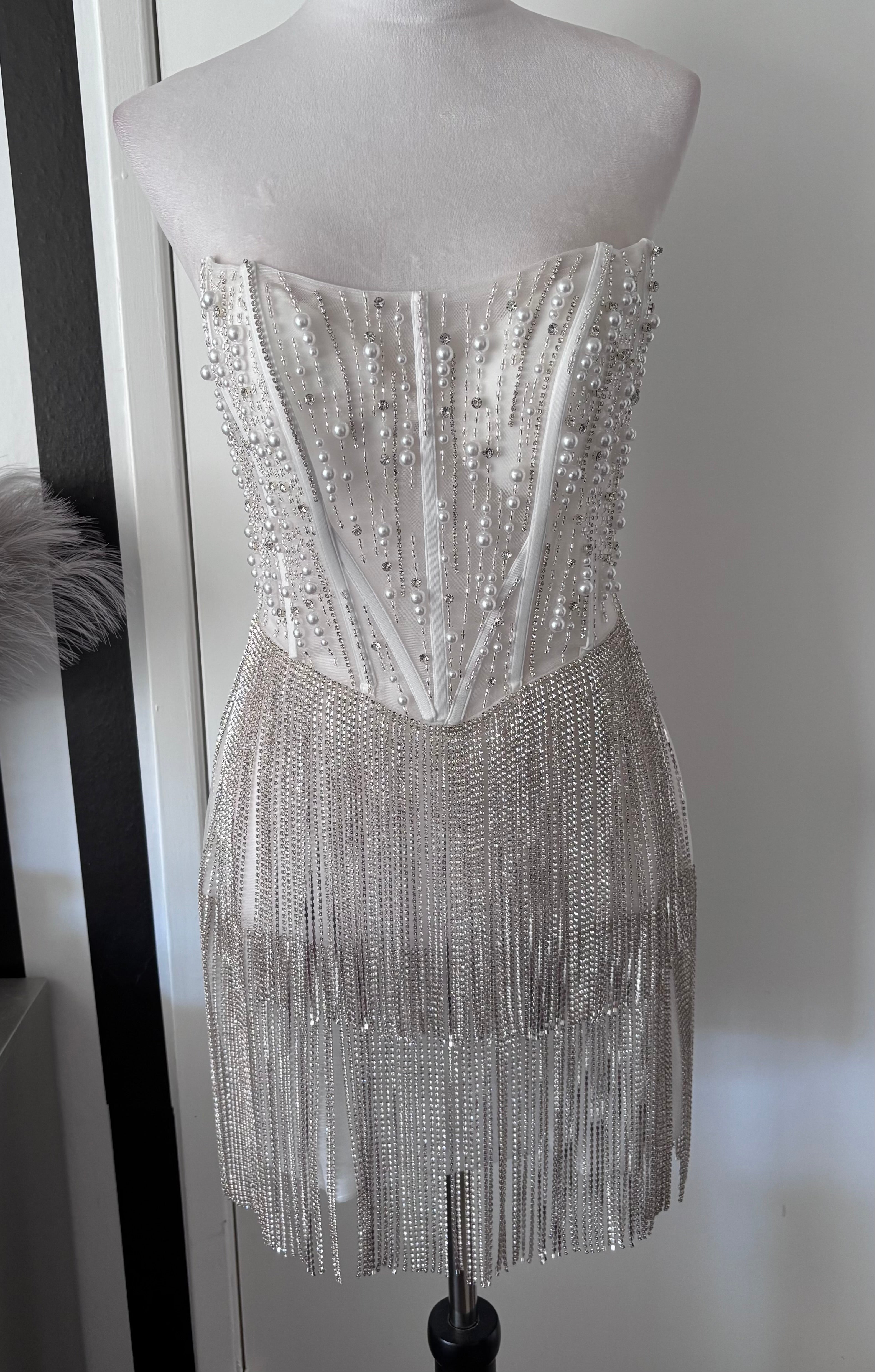 Layton Rhinestone Fringe and Pearl Embellished Mini Dress