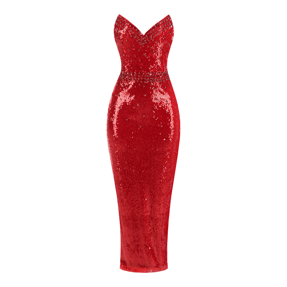 Kelsi Red Strapless Pointed Bodice Rhinestone Sequin Midi Dress