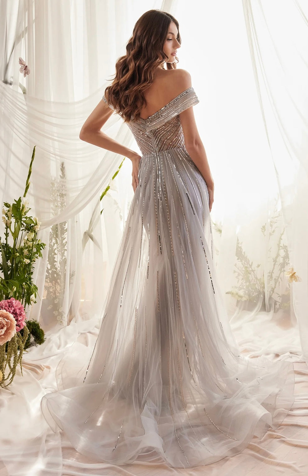 Toria Off Shoulder Crystal and Sequin Embellished Gown with Attached Tulle Train