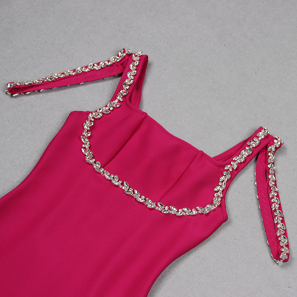 Mason Fuchsia Rhinestone Off Shoulder Embellished Midi Bandage Dress
