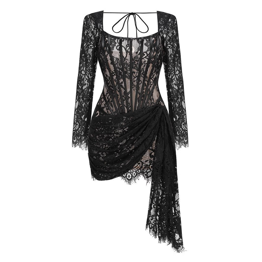 Vanessa Long Sleeve Black Lace Corset Draped Mini Dress