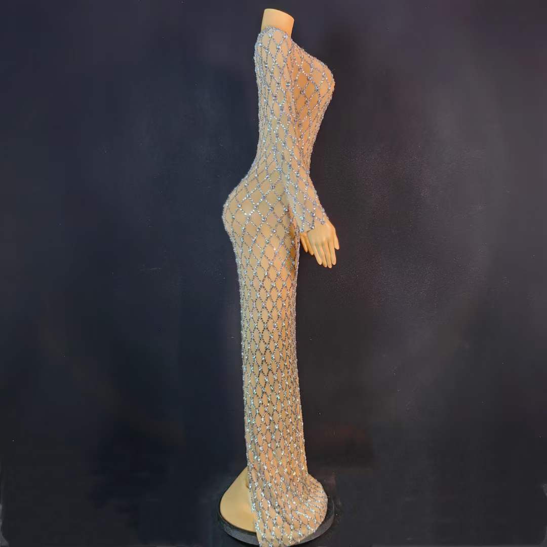 Sarala Nude Long Sleeve Rhinestone Embellished Maxi Gown