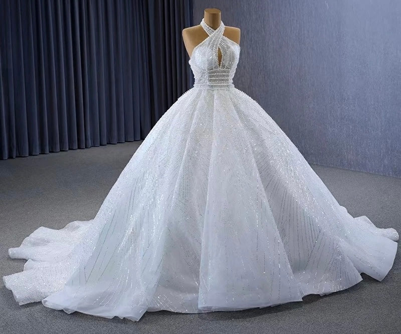 Mila Pearl Bead Embellished Crisscross Halter Full Detachable Skirt Gown