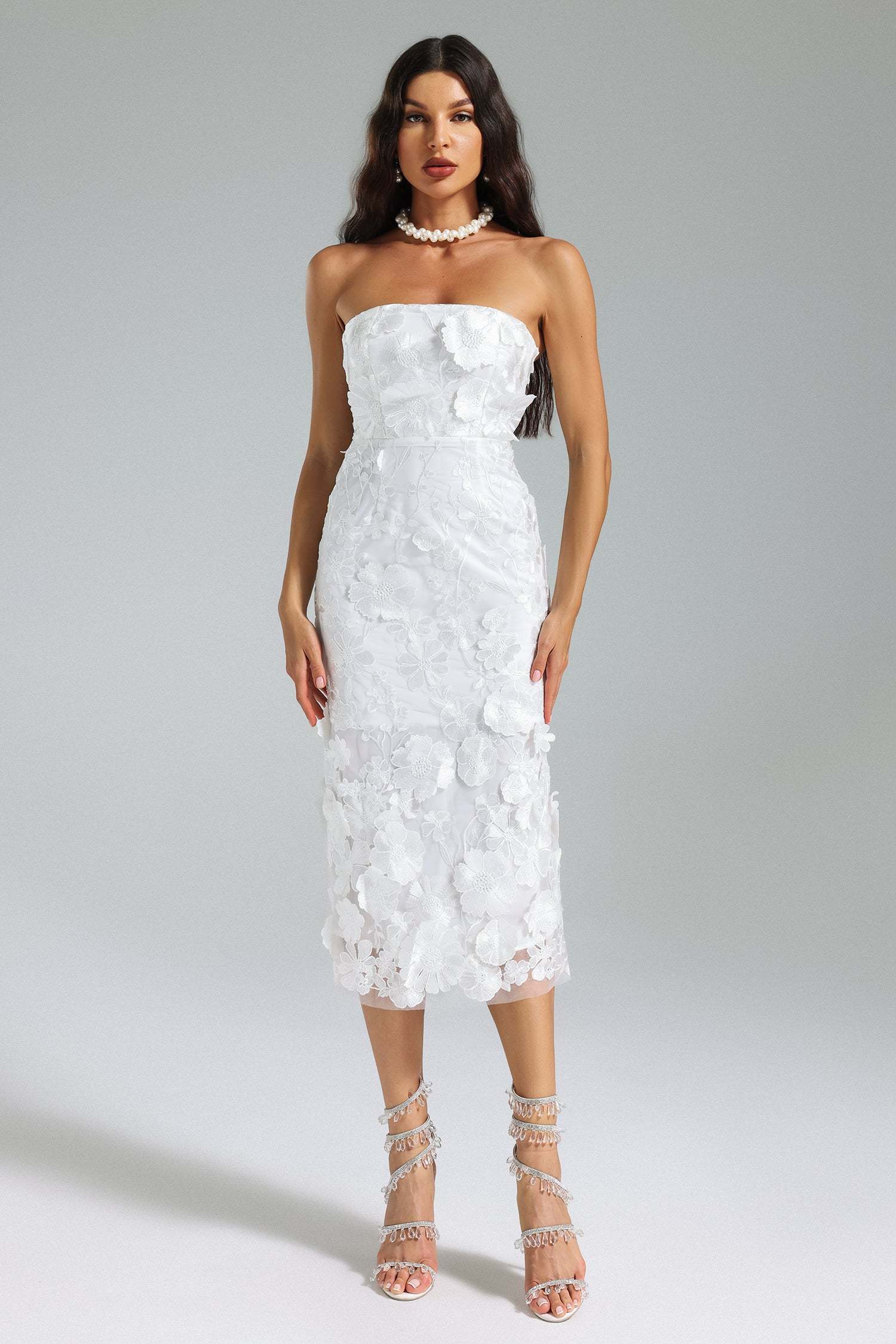 Janina White Strapless 3D Flower Midi Dress