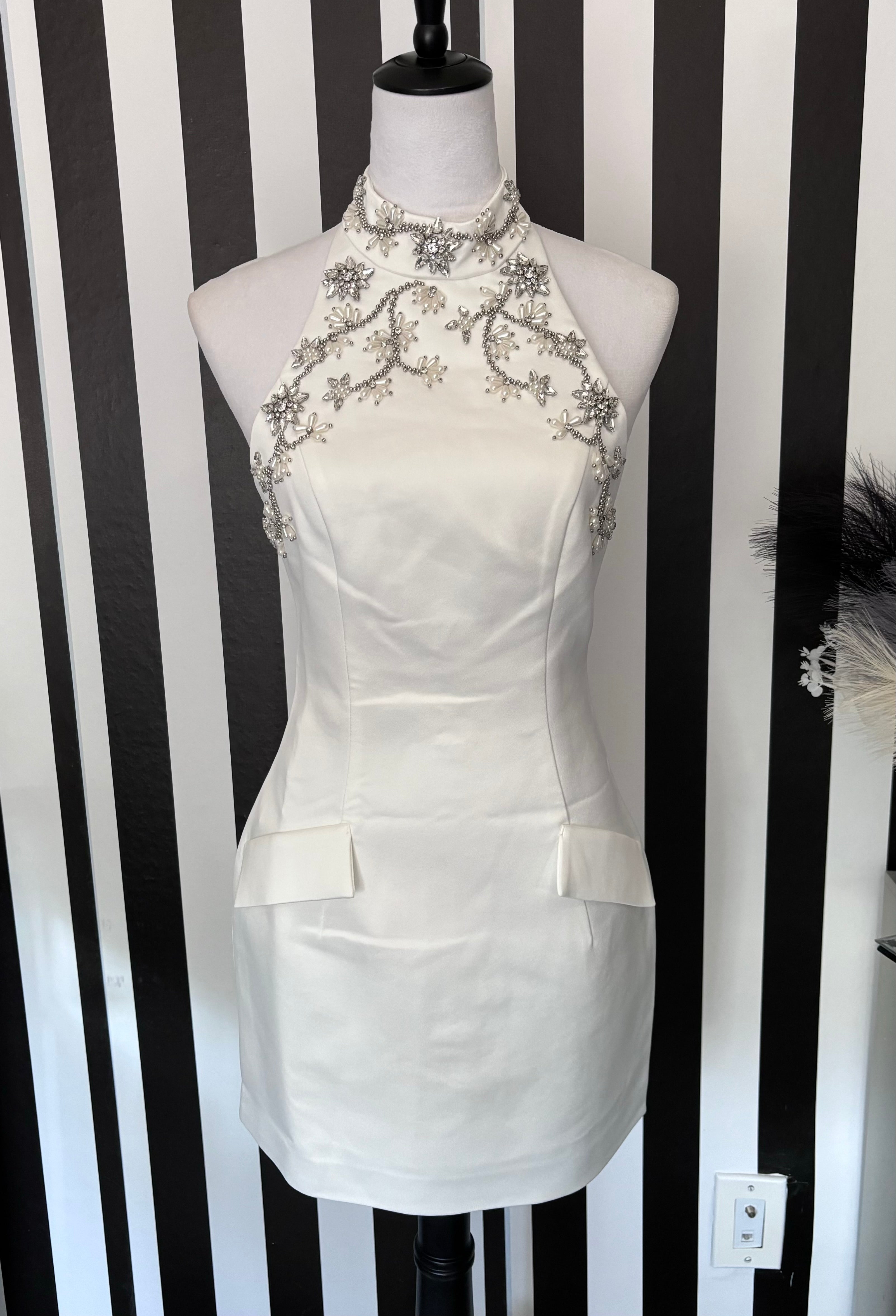 Nessa White Halter Rhinestone Pearl Embellished Open Back Mock Pockets Mini Dress