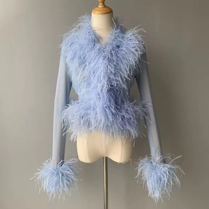 Cassie Sheer Long Sleeve Cardigan with Feather Collar and Sleeve Trim