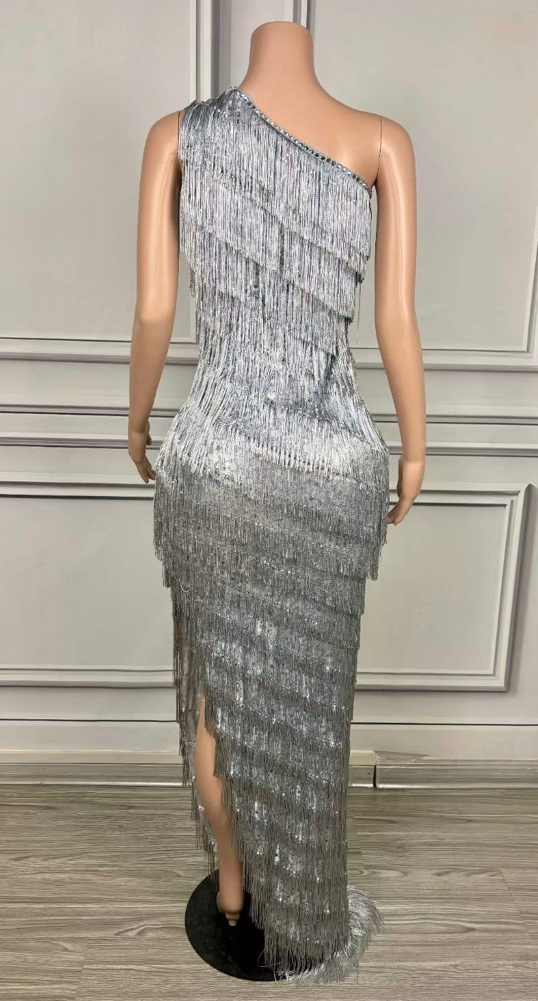 Vien One Shoulder Crystal Embellished Full Fringe Maxi Dress