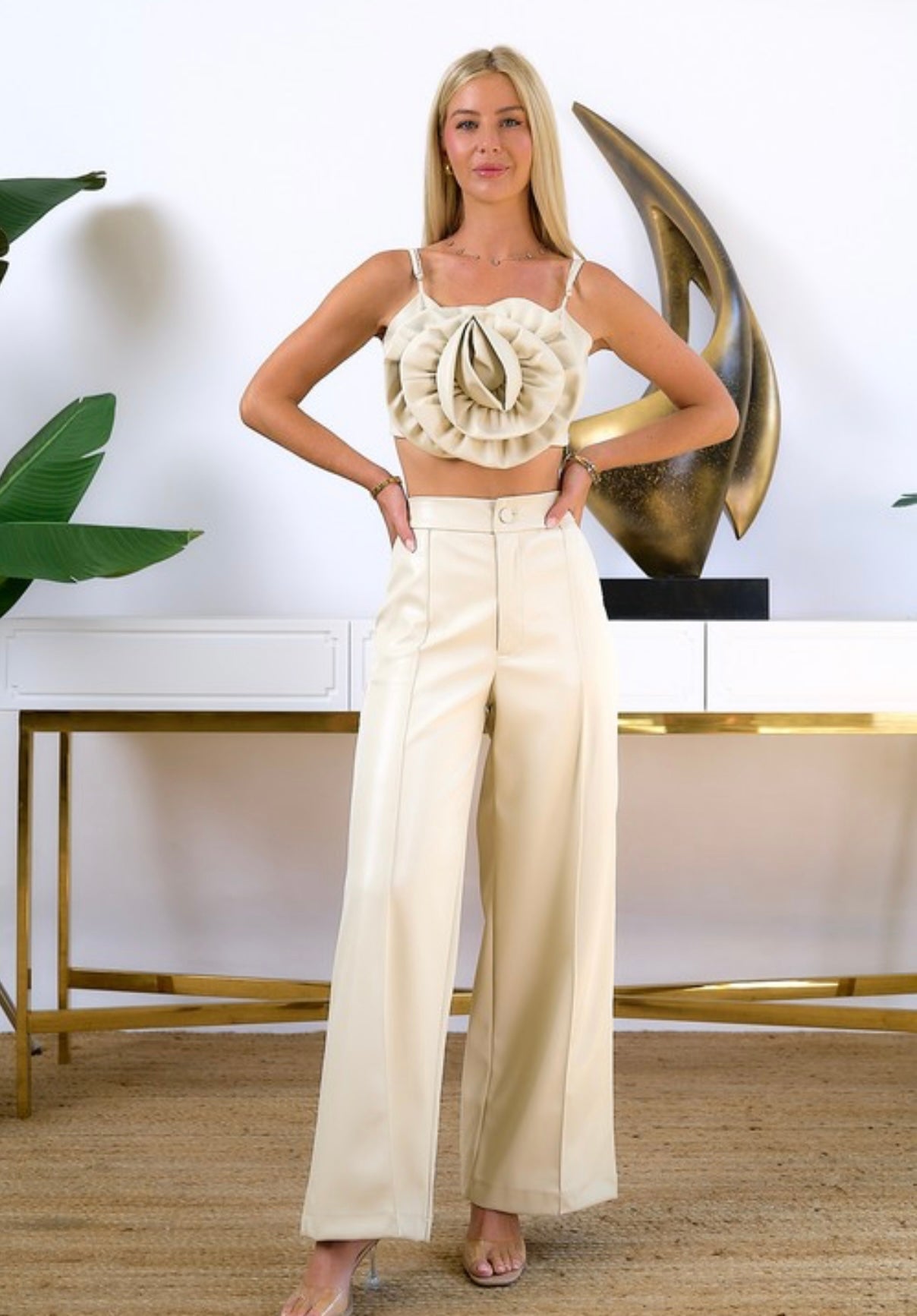 Miranda Vegan Leather 3D Flower Crop Top and Pant Set