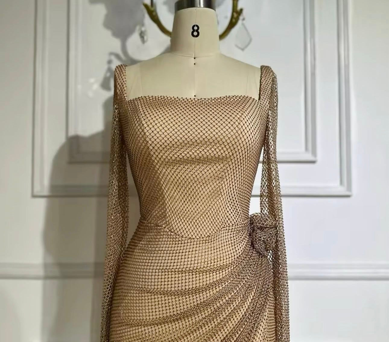Maia Gold Long Sleeve Diamanté Hip Rose Detail High Slit Gown