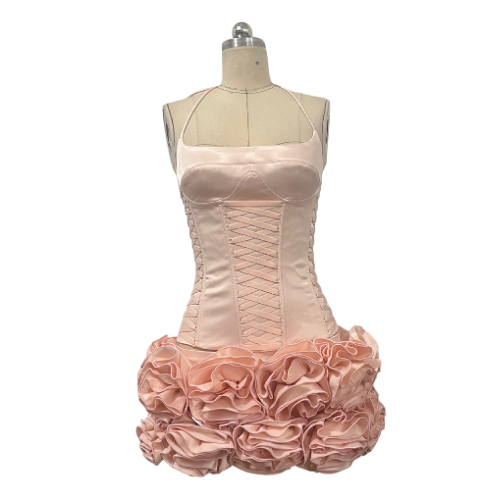 Marti Satin Corset Lace Back 3D Floral Ruffle Micro Mini Skirt Set
