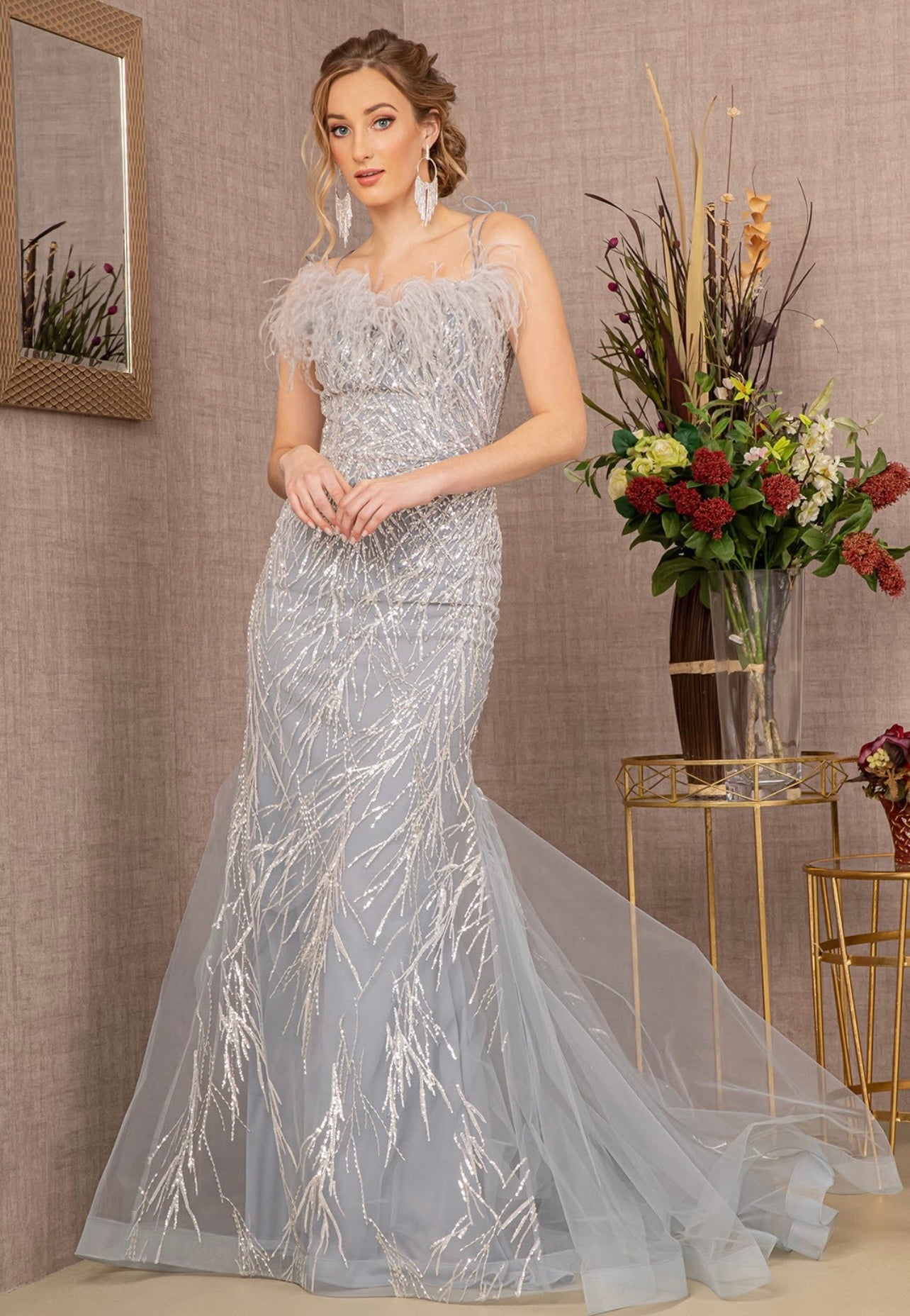 Simone Sequin and Feather Embellished Backless Tulle Trumpet Gown