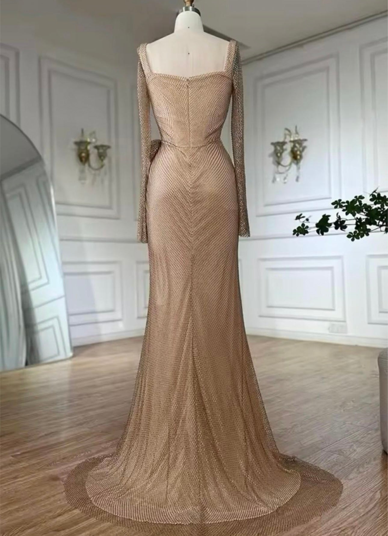 Maia Gold Long Sleeve Diamanté Hip Rose Detail High Slit Gown