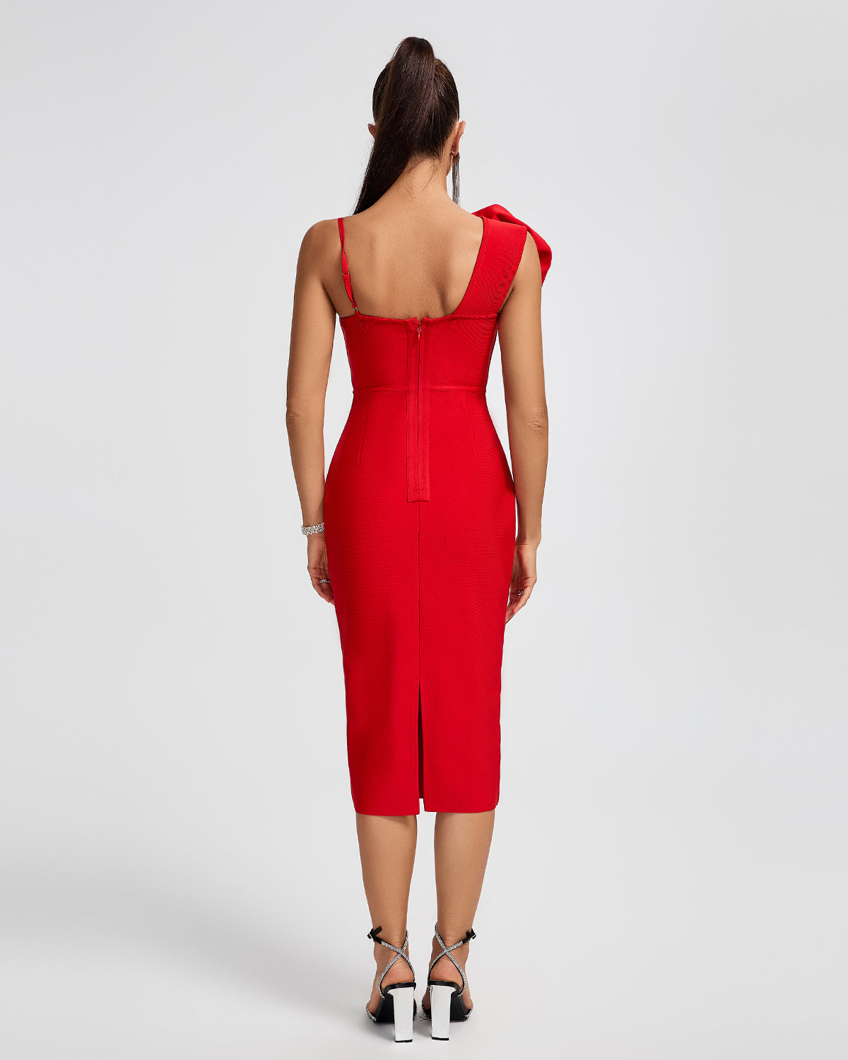 Adina Red One Shoulder 3D Flower Design Midi Bandage Dress