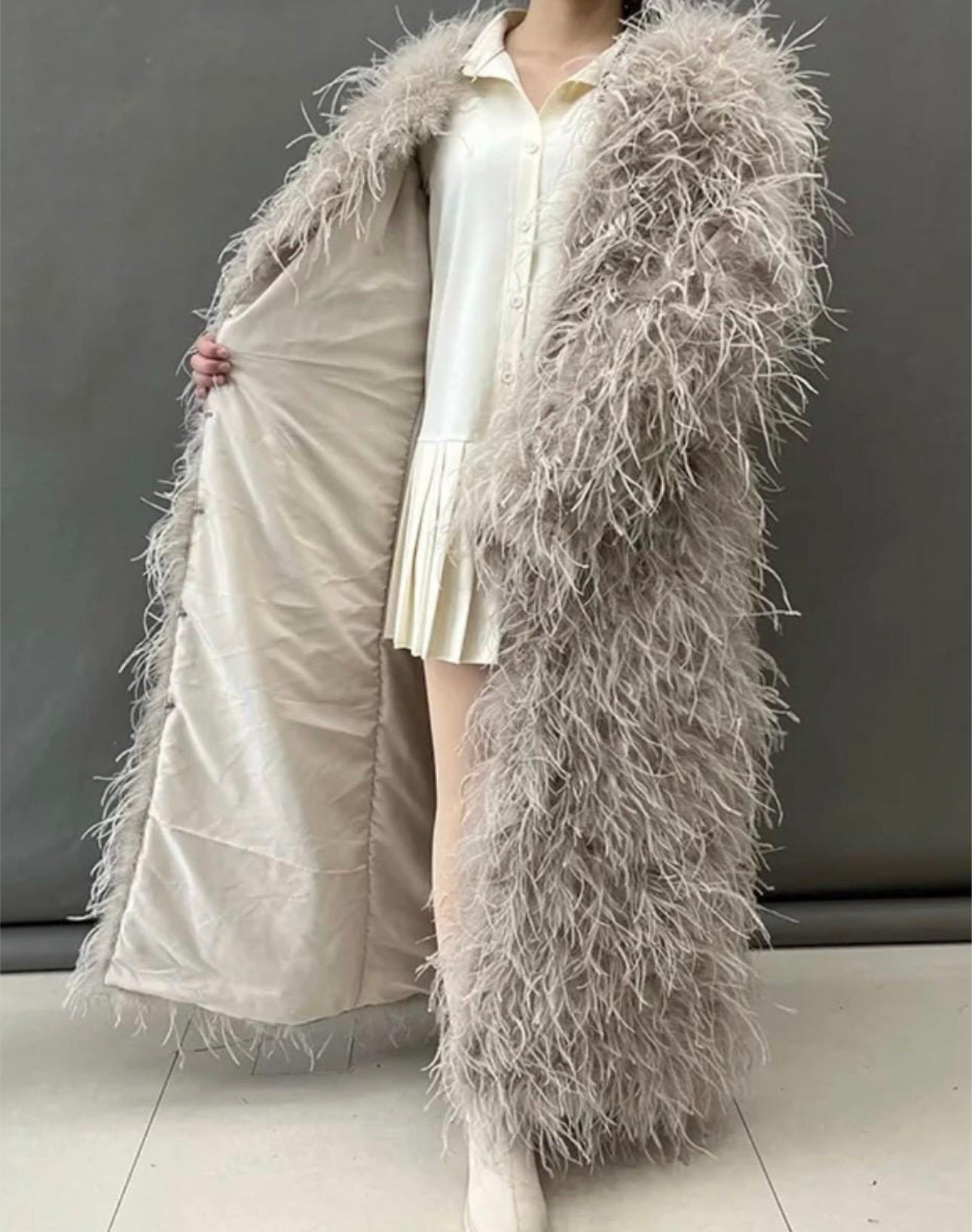 Dira Long Fluffy Feather Coat