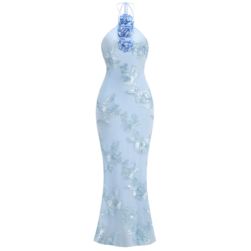 Alana Halter 3D Floral Appliqué Maxi Dress