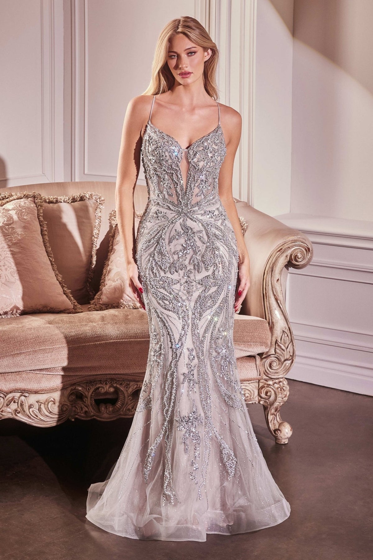 Etiene Silver Sleeveless Rhinestone Bead Embellished Mermaid Gown