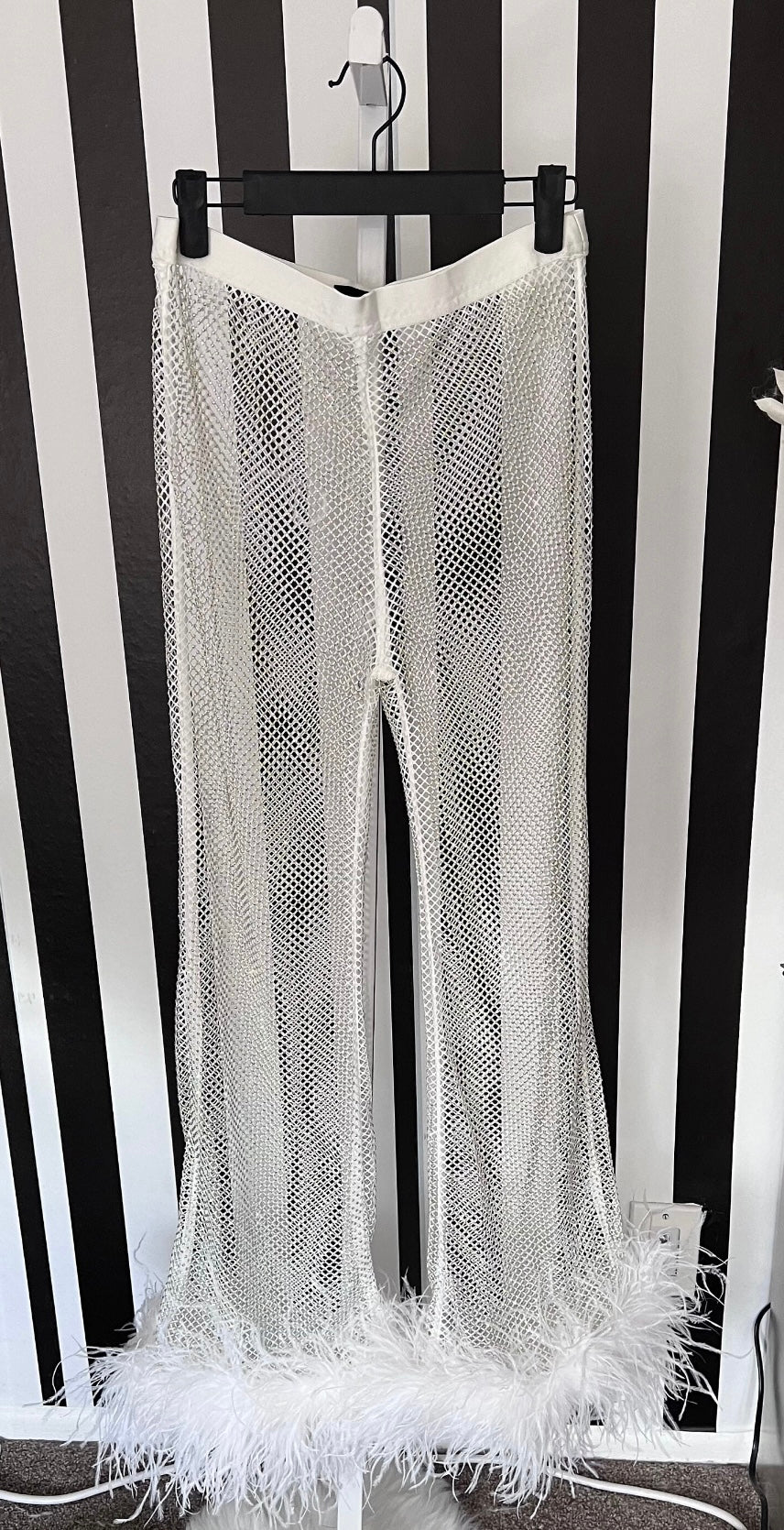 Lita Rhinestone Mesh Feather Trim Crop Top and Pant Set