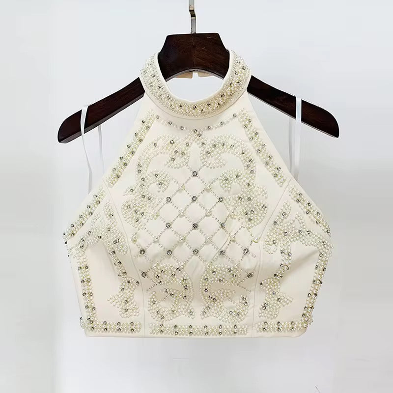 Odessa Ivory Rhinestone Pearl Embellished Crop Halter Top and Mini Skirt Set