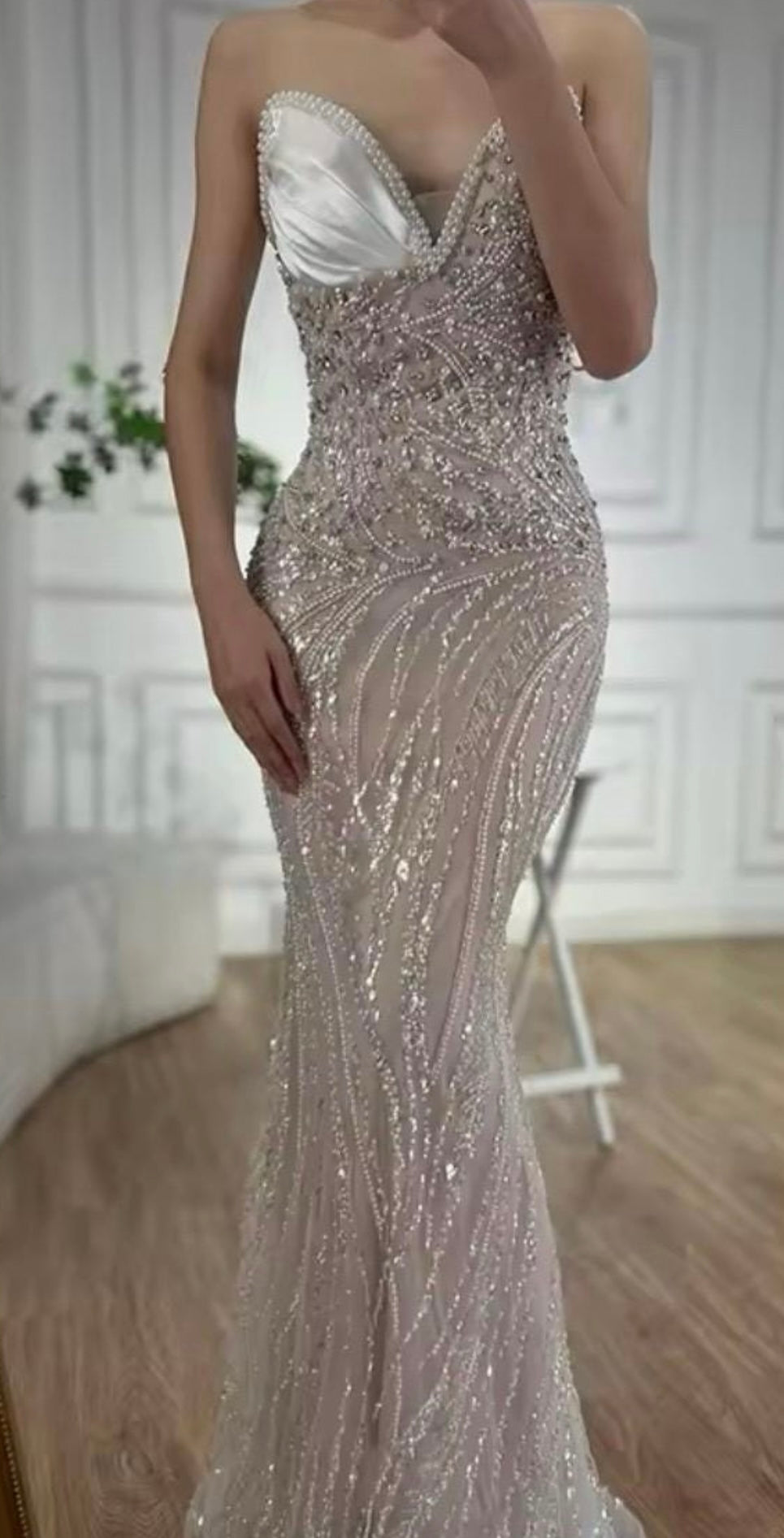 Ariella White Champagne Strapless Pointed Bodice Pearl Bead Embellished Gown