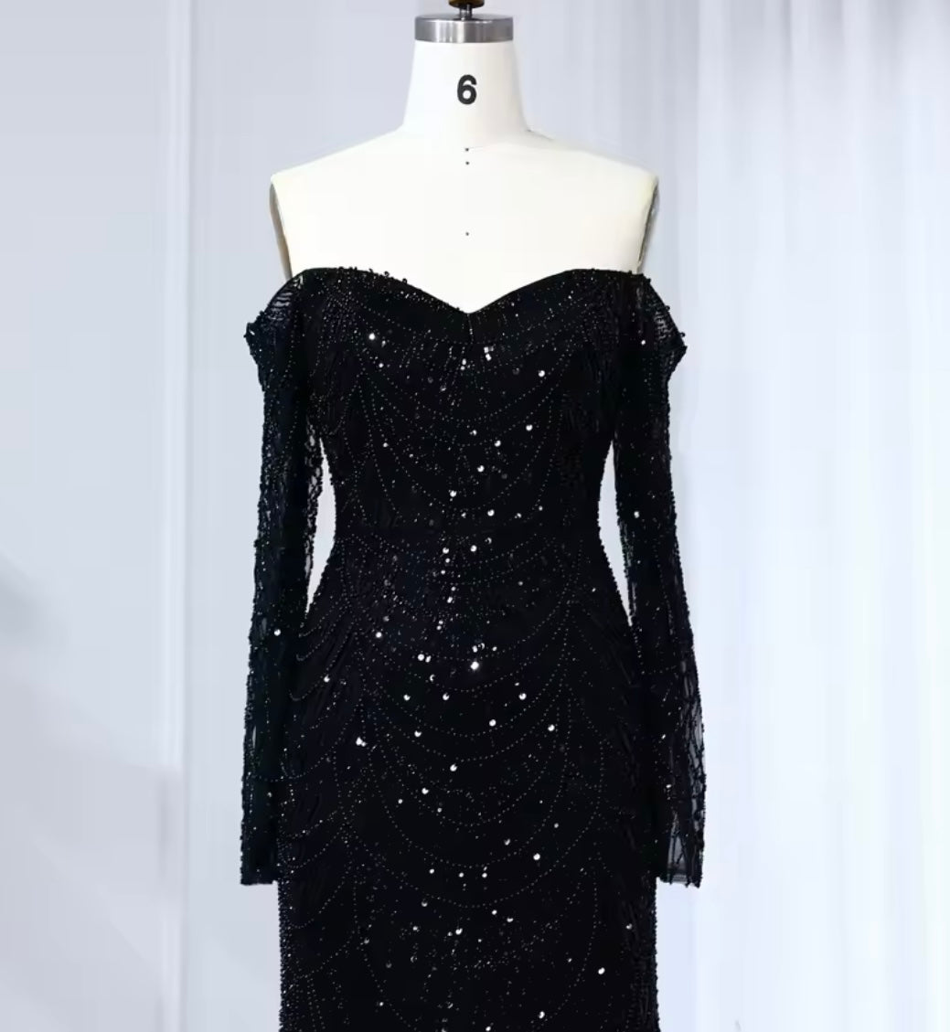 Erina Long Sleeve Off Shoulder Pearl and Bead Embellished Gown