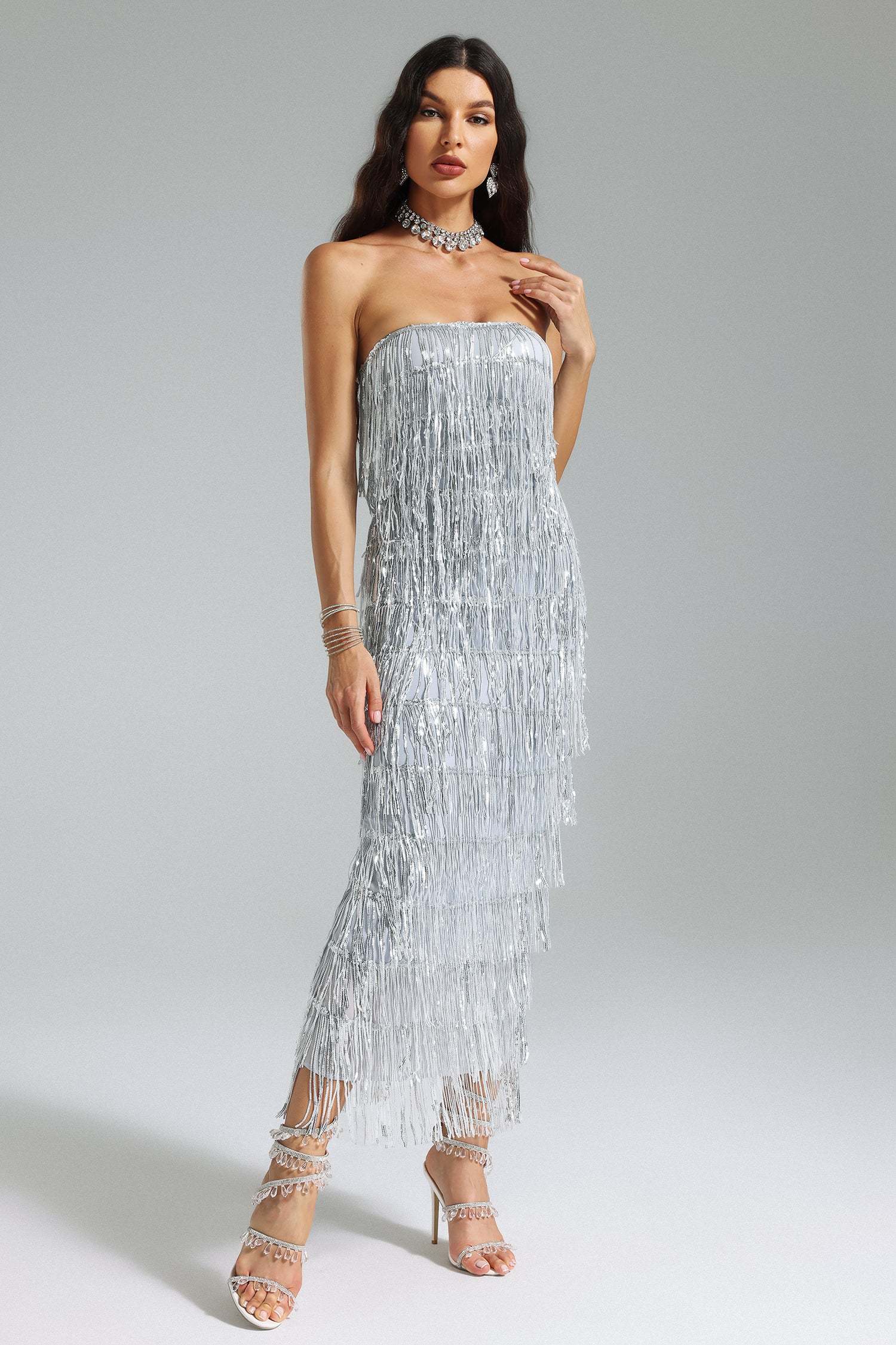 Karana Silver Fringe Strapless Midi Dress