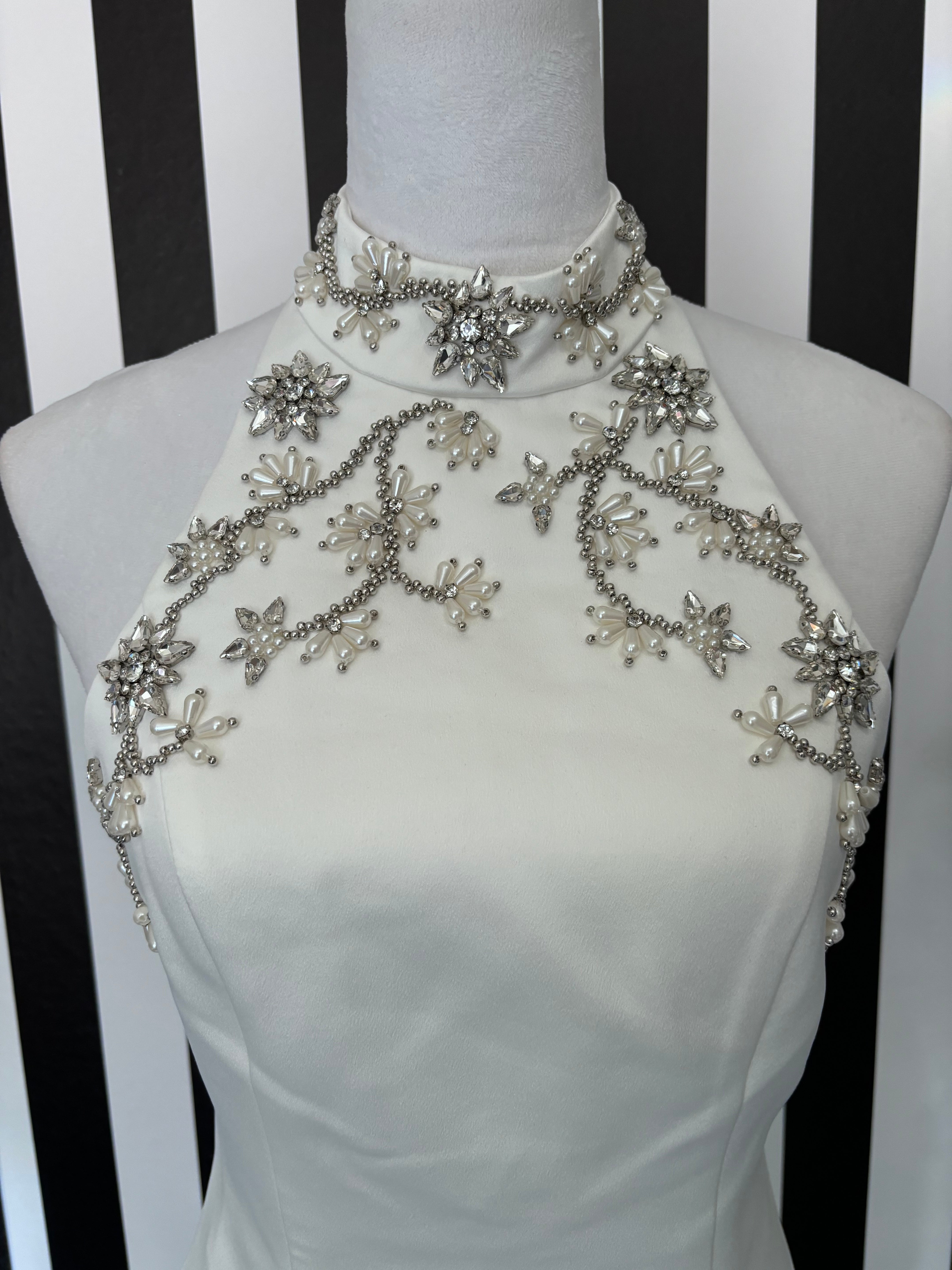 Nessa White Halter Rhinestone Pearl Embellished Open Back Mock Pockets Mini Dress