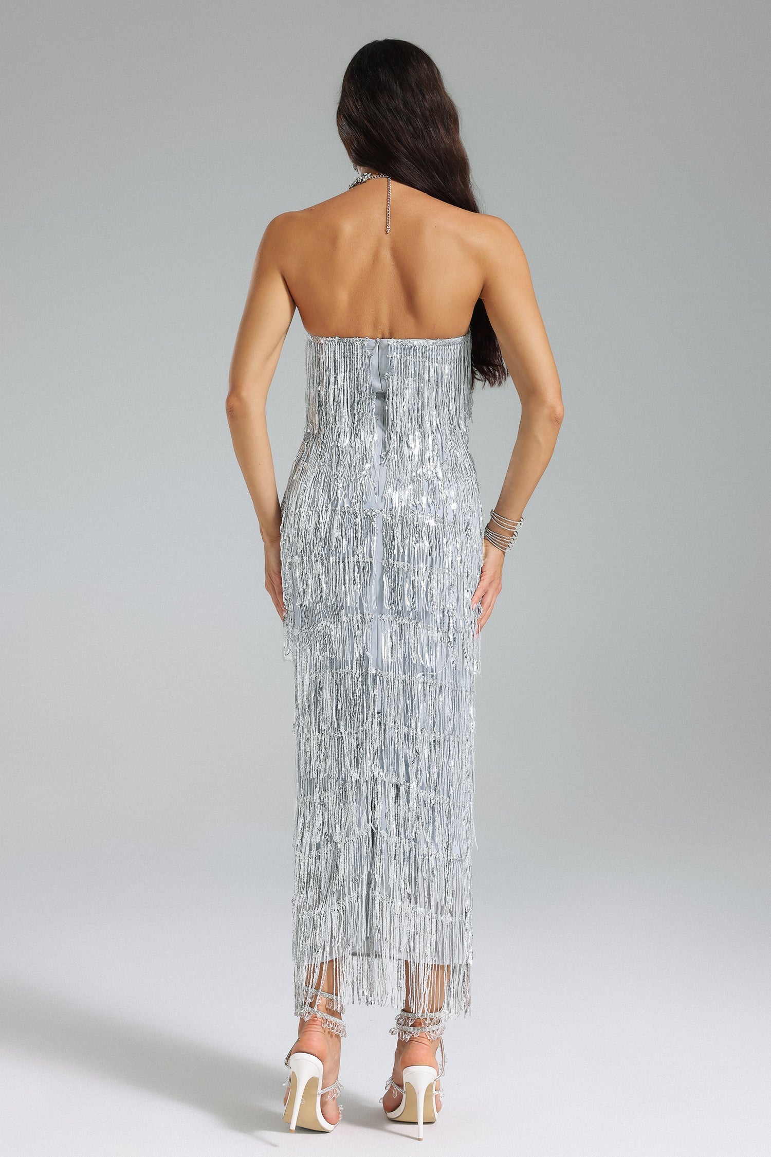 Karana Silver Fringe Strapless Midi Dress