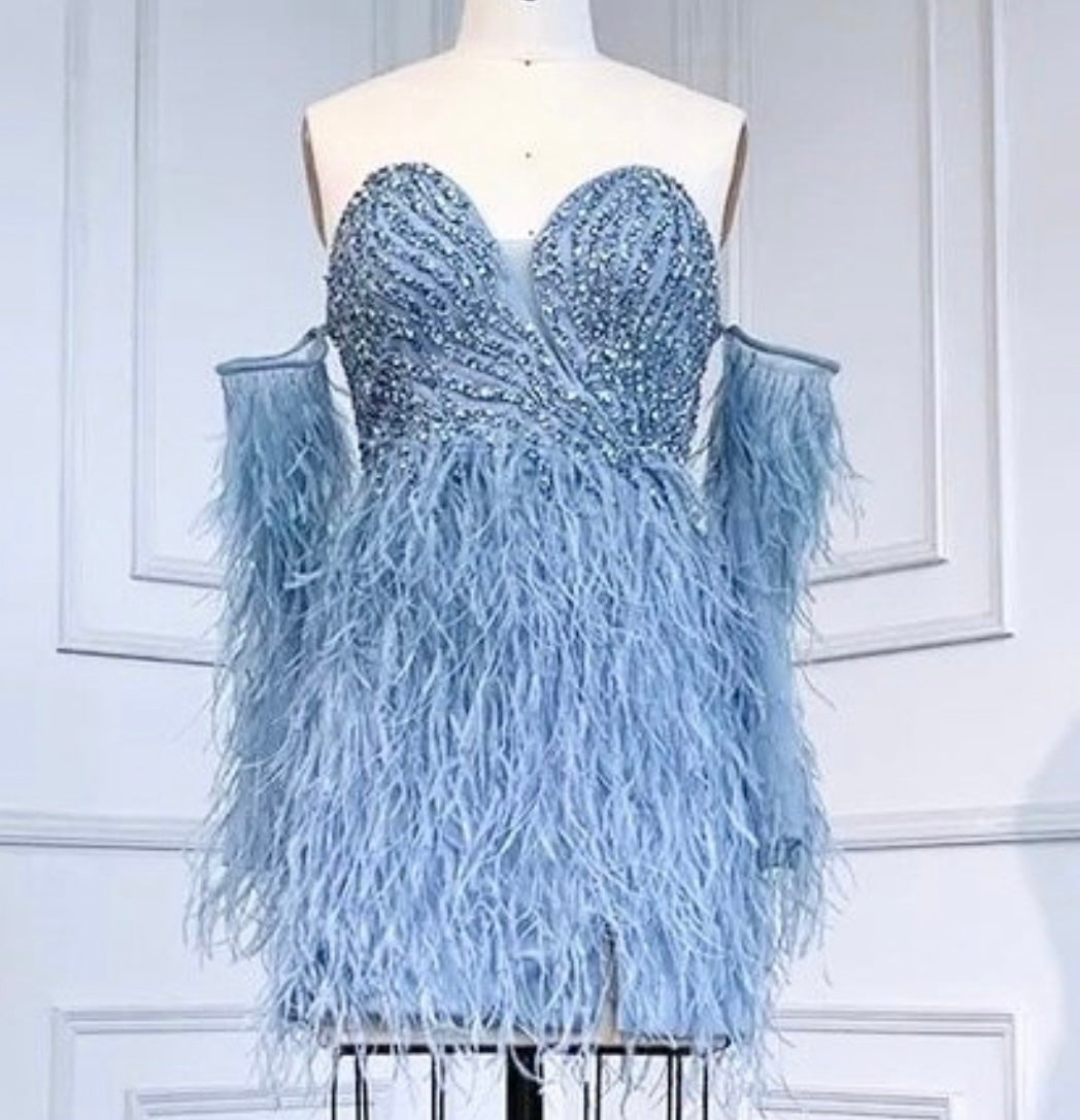 Martine Beaded Off Shoulder Feather Embellished Mini Dress