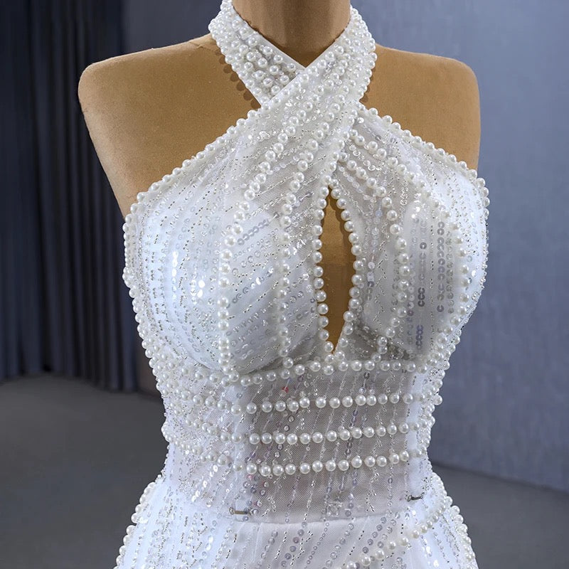 Mila Pearl Bead Embellished Crisscross Halter Full Detachable Skirt Gown