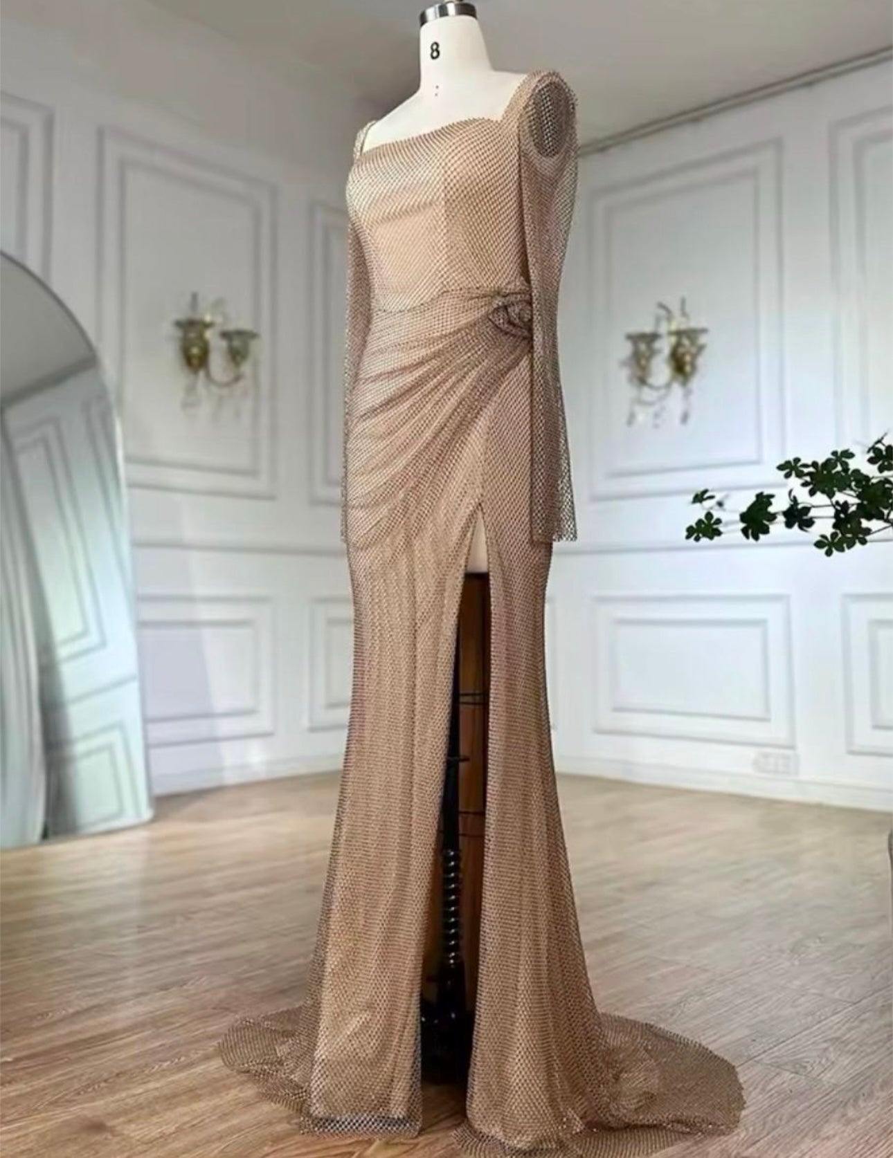 Maia Gold Long Sleeve Diamanté Hip Rose Detail High Slit Gown