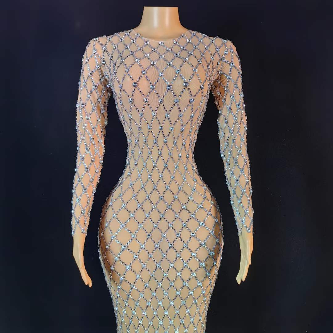 Sarala Nude Long Sleeve Rhinestone Embellished Maxi Gown