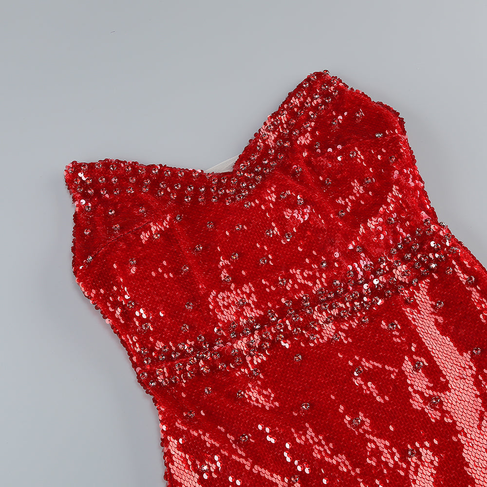 Kelsi Red Strapless Pointed Bodice Rhinestone Sequin Midi Dress
