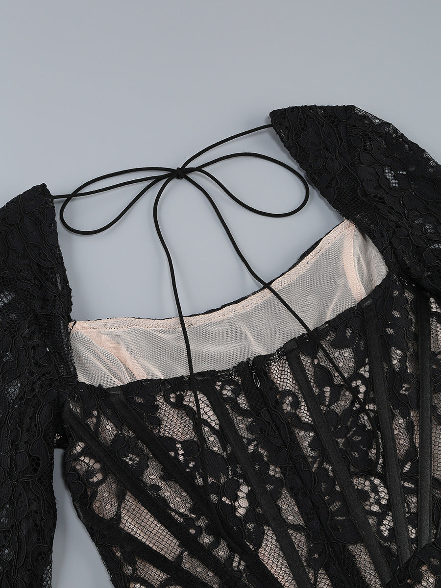 Vanessa Long Sleeve Black Lace Corset Draped Mini Dress