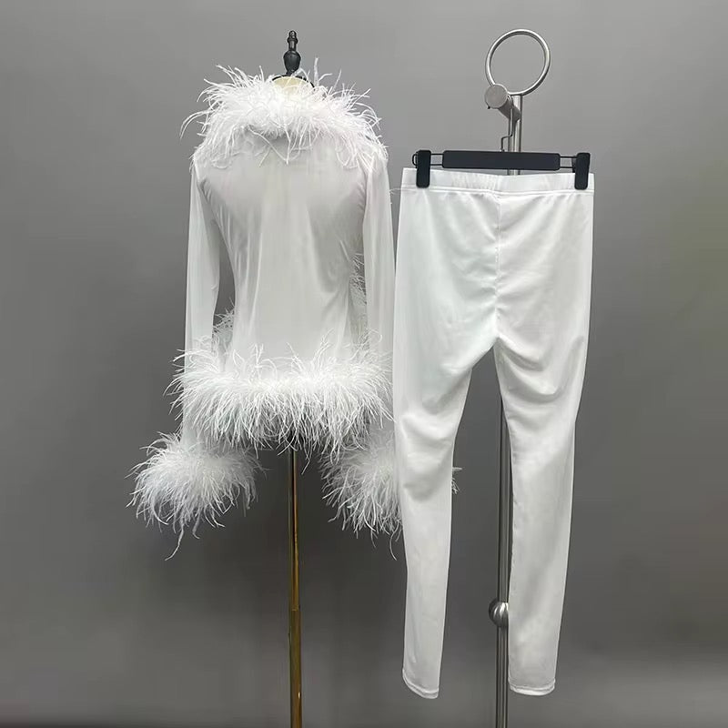 Nora White Mesh Feather Bolero Cardigan and Mesh Pants Set