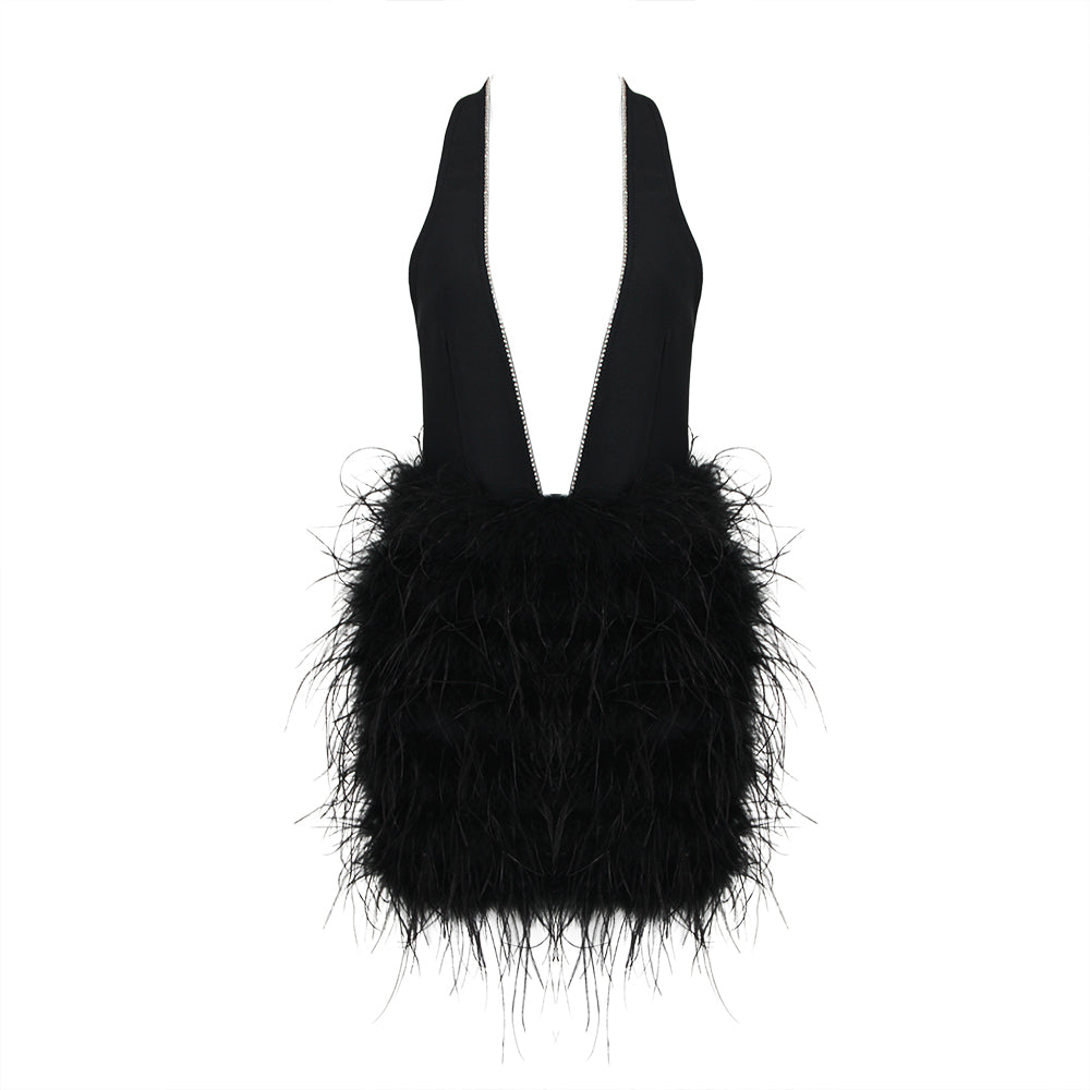 Morgan Plunging Rhinestone Trim Neck Ostrich Feather Mini Dress