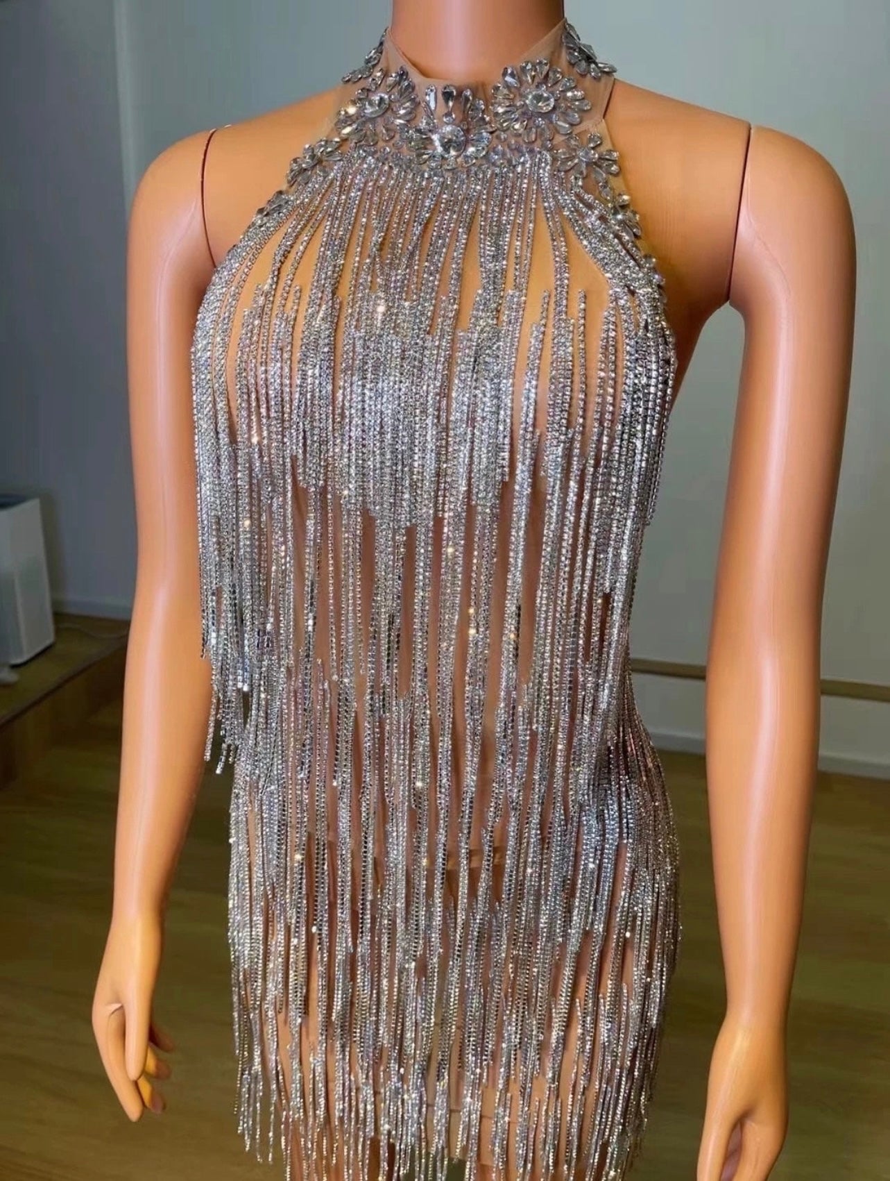 Saoirse Rhinestone Fringe Embellished Halter Backless Mini Dress